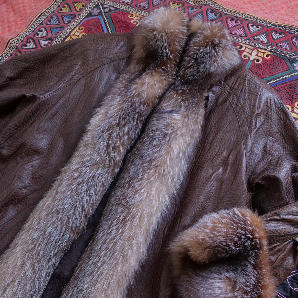 AMAZING vintage 80s brown leather fox fur trimmed long coat shaved beaver lining - Picture 7 of 11